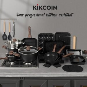Kikcoin Pots and Pans Set Non Stick 31 Piece Kitchen Nonstick Cooking Cookware Sets with Grill Pan Saucepan Baking Sheet Utensil